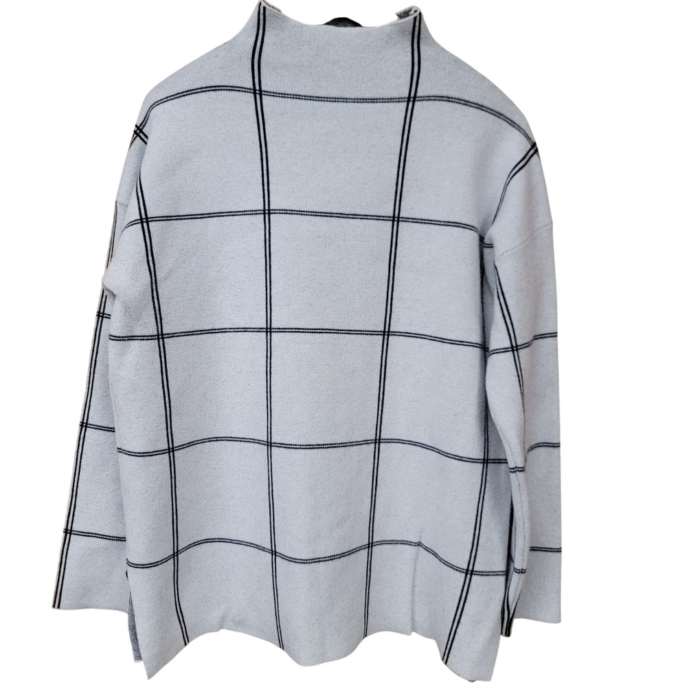 Tahari Women XL Dark Academia Windowpane Grid Mock Neck Knit Sweater Side Slits
